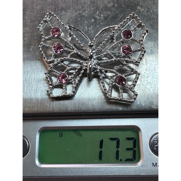 Estate Butterfly Brooch Silver Tone Pink Crystal Wings 1.81" x 1.41" 17.3g - Picture 5 of 5